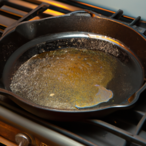 A cast iron pan being seasoned with oil in the oven.